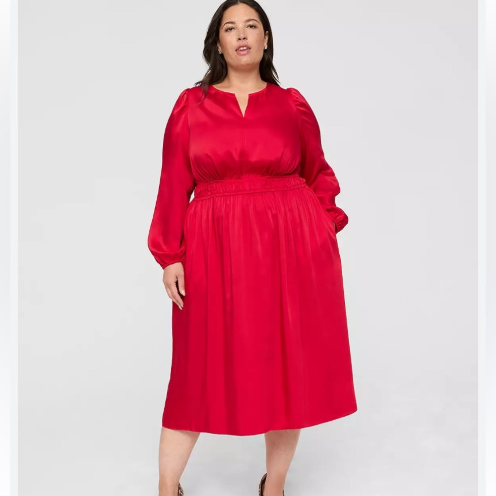 NWT Lane Bryant Red Satin Split-Neck Long Sleeve Midi Dress Sz 24